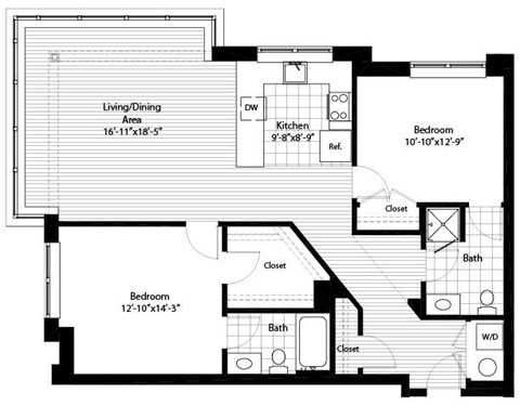 Floor plan for 2 beds, 2 baths, 1190 sqft